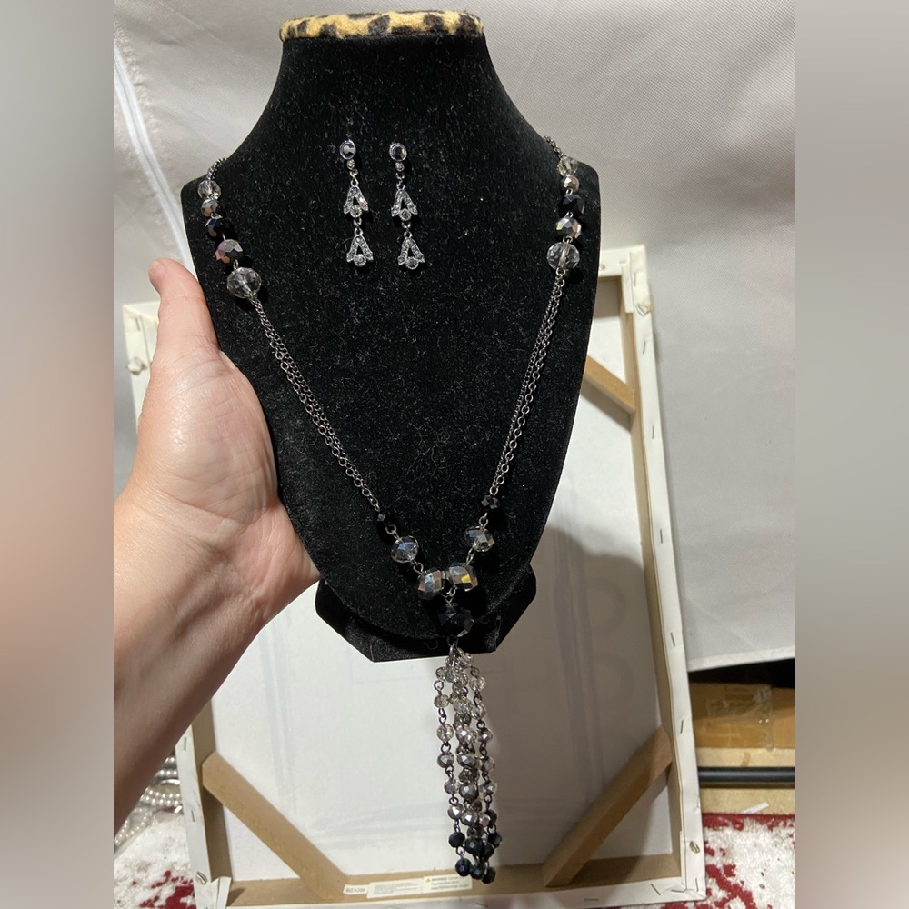 Double Gun Metal Necklace, AB Side Beads and AB Beaded Tassel Pendant & Earrings